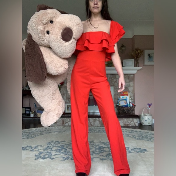 Revamped Coral Red Ruffled Jumpsuit - Picture 4 of 13